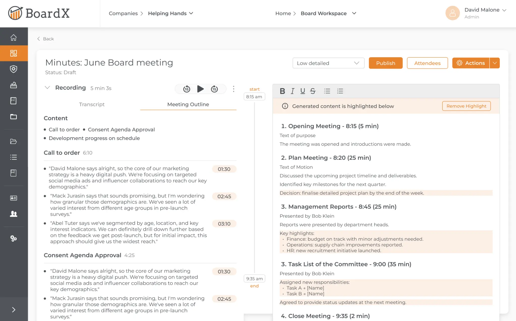 AI Minutes generation interface with transcript and outline