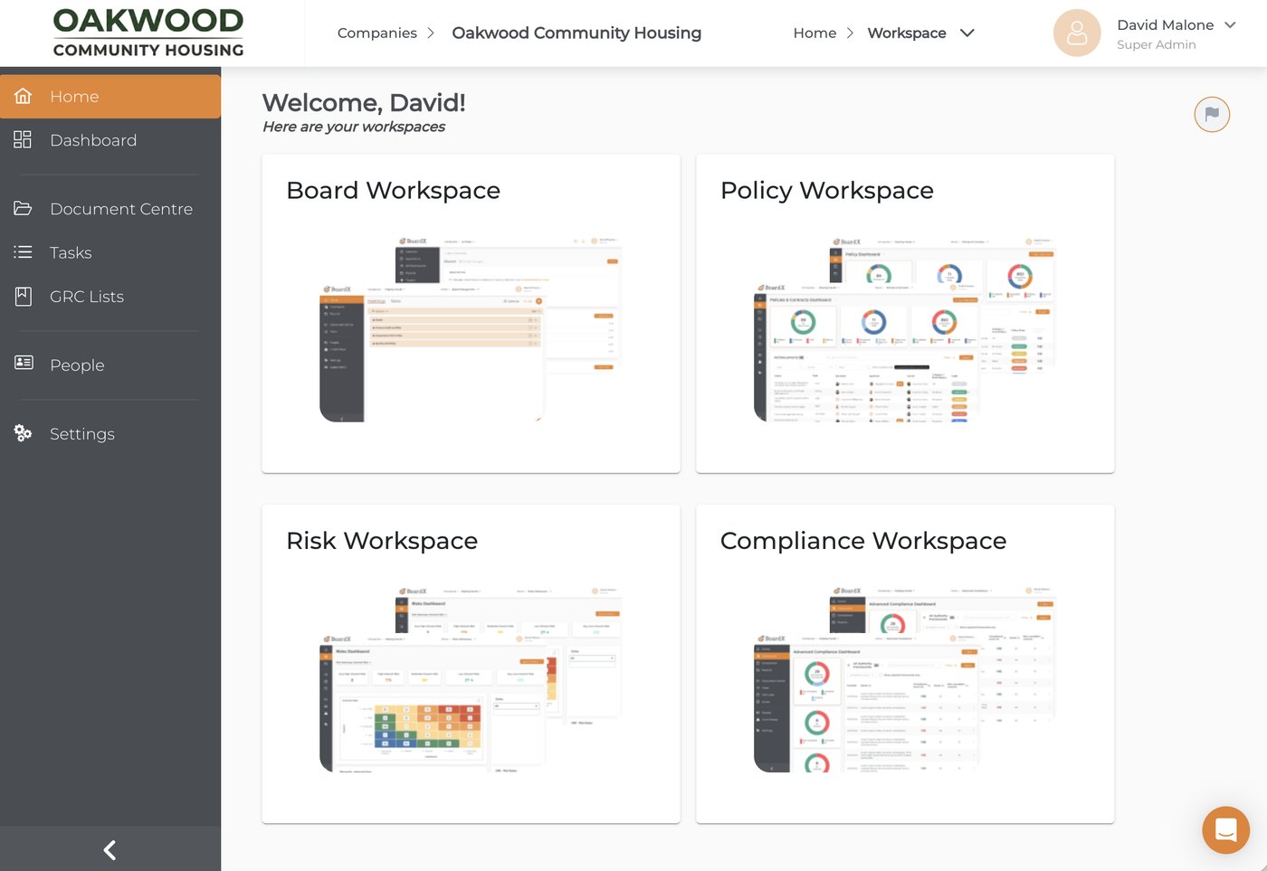 BoardX workspace home with Board, Policy, Risk and Compliance workspaces