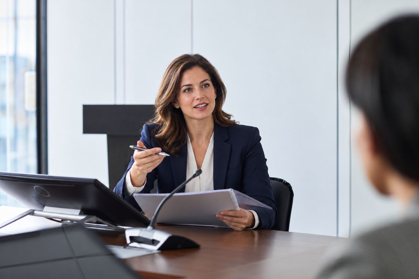 A director discussing board papers with a colleague in a boardroom